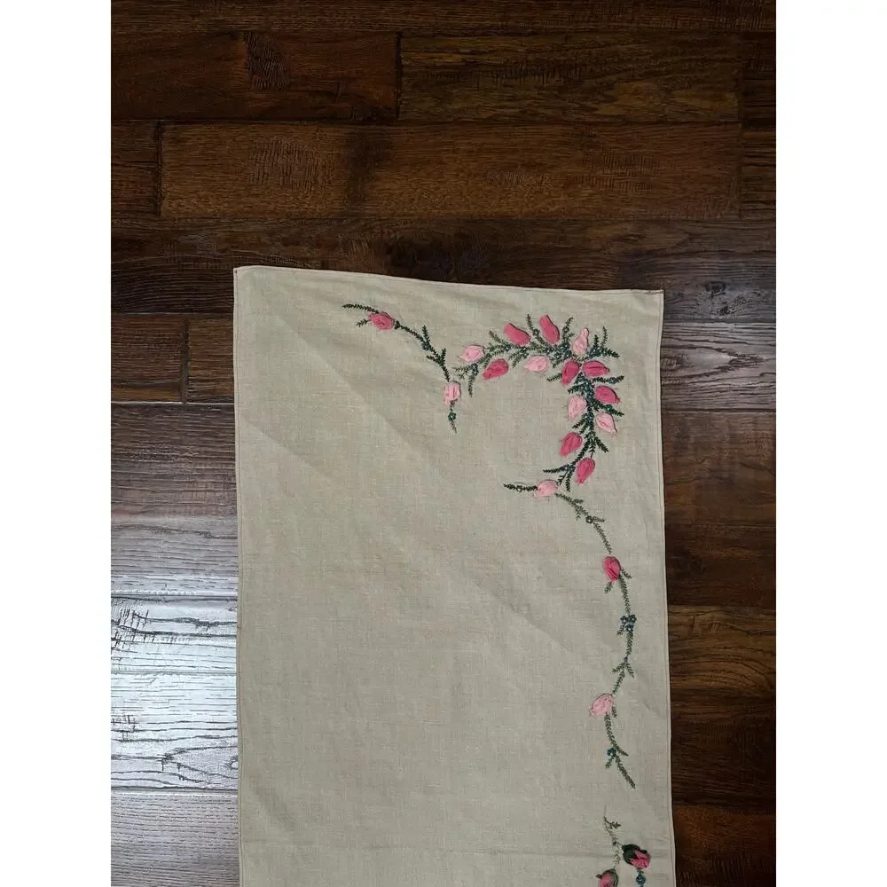 Vintage Rectangular Linen Table Runner Hand Embroidered Puffy Pink Rosebud Vine